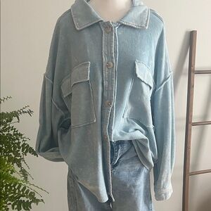 Women's Blue Button Down Shirt.Mineral washed shacket